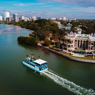 Le-Barge-Tropical-Sightseeing-Cruise-Aerial cruise boat in sarasota bay